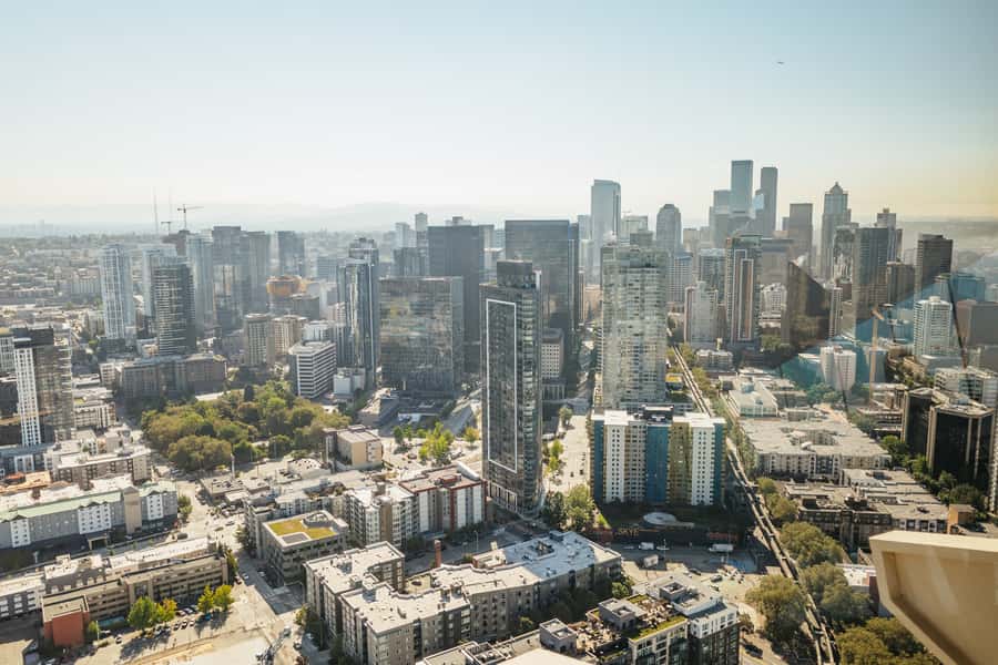 Downtown Seattle towers above the Elliott Bay waterfront